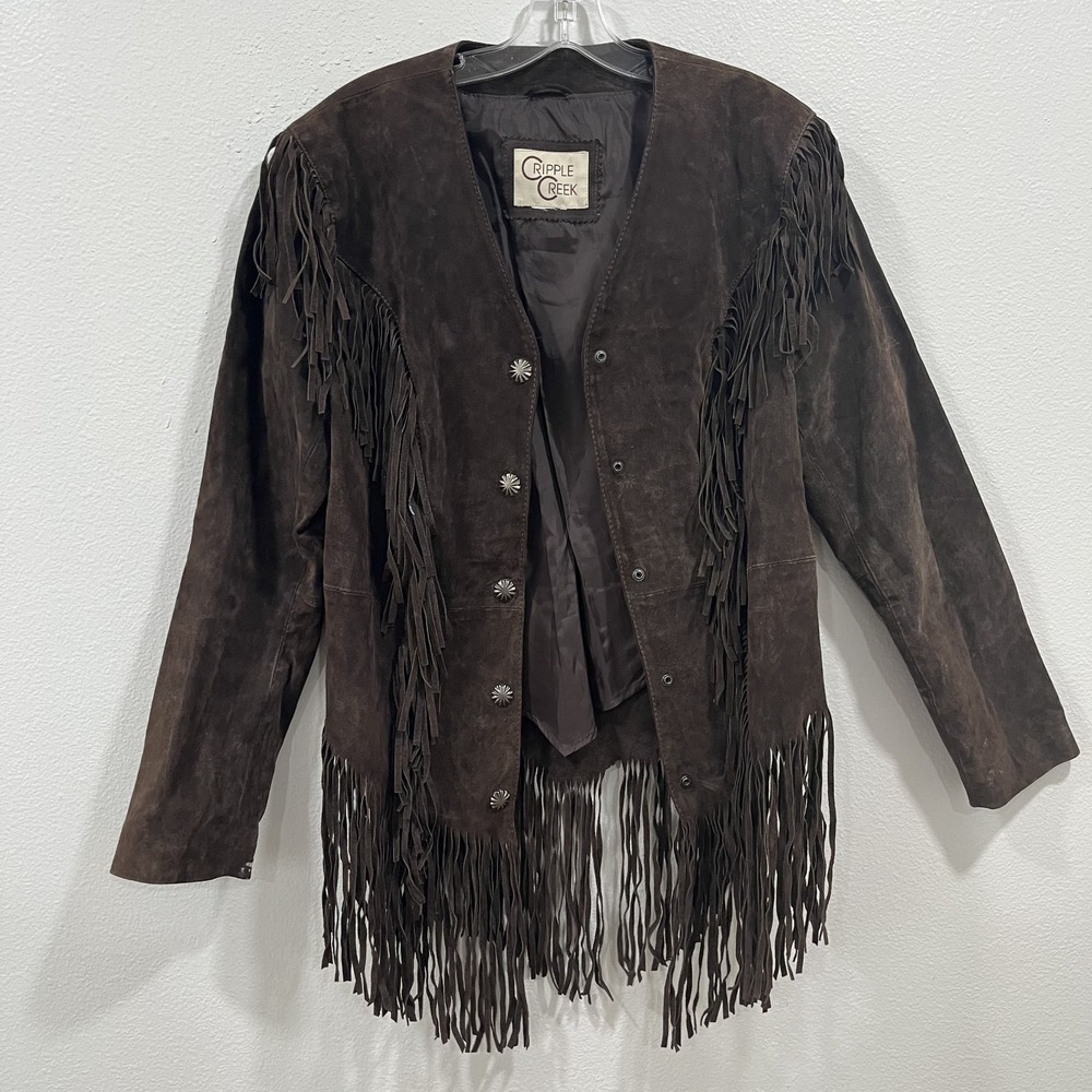 Cripple Creek Brown Leather Suede Jacket Women's Western Fringe Full Snap M/L?